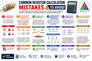 Resistor Calculator infographic explaining common resistor calculation mistakes, including incorrect resistor color band identification, tolerance selection, power dissipation errors, series and parallel circuit confusion, unit conversion mistakes, and standard resistor value selection.