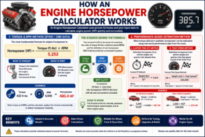 Engine Horsepower Calculator infographic explaining how horsepower is calculated using the torque and RPM formula, quarter-mile elapsed time, trap speed estimation, and automotive performance calculations.