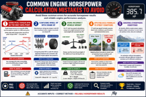 Engine Horsepower Calculator infographic explaining common horsepower calculation mistakes, including incorrect torque RPM usage, wheel horsepower vs crank horsepower, wrong vehicle weight, race formula misuse, and atmospheric condition effects on engine power.