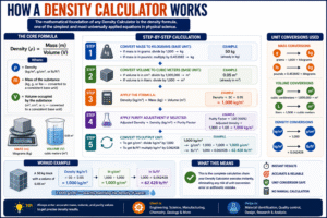 Density Calculator infographic explaining the density formula, mass-to-volume calculation, unit conversions, purity adjustment, and step-by-step density calculation with a worked example.