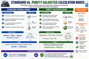 Density Calculator infographic comparing Standard and Purity-Adjusted calculation modes, showing when to use each mode, density formulas, purity adjustment, and practical examples for accurate density measurements.
