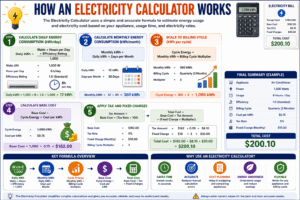 Electricity Calculator infographic explaining how electricity cost is calculated using watts, daily usage hours, kilowatt-hours (kWh), billing cycle, electricity rate per kWh, taxes, and fixed charges for accurate energy cost estimation.