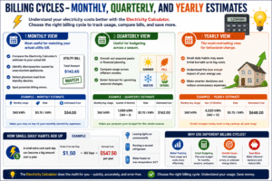 Electricity Calculator infographic comparing monthly, quarterly, and yearly billing cycle estimates, showing electricity usage, energy costs, budgeting benefits, and annual savings for better utility bill planning.