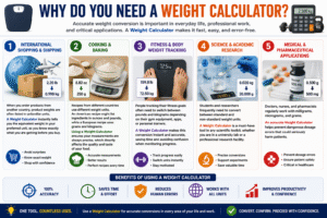 Weight Calculator infographic showing the benefits of accurate weight conversion for international shopping, cooking, fitness tracking, scientific research, and medical applications using kilograms, pounds, grams, ounces, and milligrams.