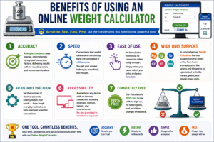 Weight Calculator infographic highlighting the benefits of using an online weight calculator, including accurate weight conversion, fast results, ease of use, multiple weight unit support, adjustable precision, mobile accessibility, and free online access.