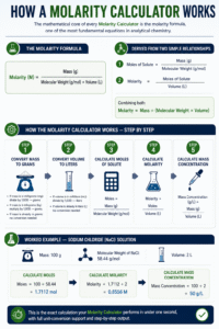 Molarity Calculator infographic explaining the molarity formula, unit conversions, concentration calculation steps, and a worked sodium chloride (NaCl) example.
