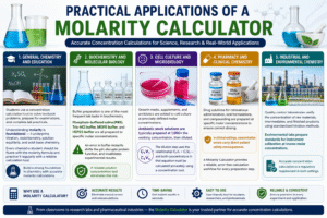 Infographic showing the practical applications of a Molarity Calculator in chemistry, biochemistry, microbiology, pharmacy, clinical laboratories, and industrial quality control for accurate solution concentration calculations.