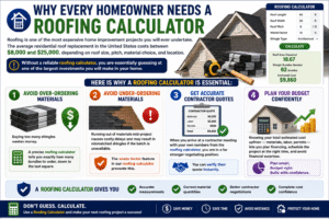 Roofing Calculator infographic explaining why every homeowner needs a roofing calculator for accurate roof measurements, material estimation, budgeting, contractor quote comparison, and roofing project planning.