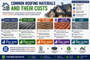 Roofing Calculator infographic comparing common roofing materials including asphalt shingles, metal roofing, wood shingles, clay tiles, concrete tiles, and slate with estimated costs per square, lifespan, and roofing project planning information.
