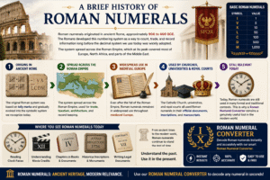 Roman Numeral Converter infographic illustrating the history of Roman numerals from ancient Rome to modern times, including Roman numeral symbols, historical timeline, Roman Empire expansion, and present-day applications such as clocks, books, movies, and legal documents.