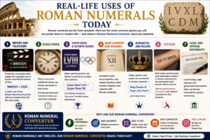 Roman Numeral Converter infographic showing real-life uses of Roman numerals in movies, clock faces, Super Bowl events, Olympic Games, book chapters, monarchs, tattoos, and legal documents with practical conversion examples.