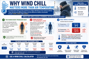 Wind Chill Calculator infographic explaining the difference between air temperature and wind chill, showing how wind removes body heat, affects perceived temperature, and increases the risk of frostbite and hypothermia with real-world examples.