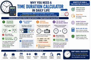 Time Duration Calculator infographic explaining common time calculation mistakes such as AM/PM confusion, overnight shifts, seconds conversion, and 60-minute arithmetic with accurate time duration examples.