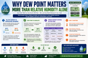 Dew Point Calculator infographic explaining the difference between dew point and relative humidity, showing why dew point is a better measure of air moisture, comfort levels, and weather conditions.