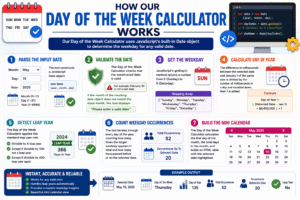 Day of the Week Calculator infographic explaining how a day of the week calculator works using JavaScript, including date validation, weekday calculation, leap year detection, day of year calculation, weekday counting, and mini calendar generation.