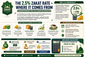 Zakat Calculator infographic explaining the 2.5% Zakat rate, Nisab, Hawl, Zakat al-Mal, and how a Zakat Calculator accurately calculates annual Zakat on eligible wealth according to Islamic principles.
