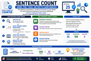 Word & Character Counter infographic showing how sentence count is detected by identifying periods, question marks, and exclamation marks while calculating average sentence length to improve readability and writing quality.