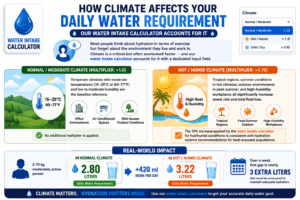 Water Intake Calculator infographic explaining how normal and hot climates affect daily hydration needs, showing increased water intake recommendations based on temperature, humidity, and activity level.