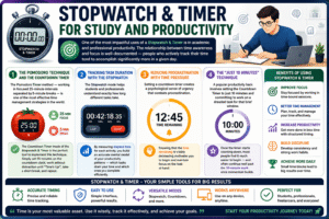 Stopwatch & Timer infographic explaining Pomodoro technique, countdown timer, task duration tracking, procrastination reduction, and productivity tips for students and professionals.