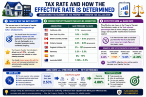 Property Transfer Tax Calculator infographic explaining the difference between base tax rate and effective tax rate, common property transfer tax rates by country, and how buyer type, property use, and tax adjustments affect the final transfer tax calculation.