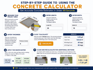 Step-by-step Concrete Calculator guide showing how to measure length, width, and thickness, calculate cubic yards, estimate concrete bags, apply a waste buffer, and recalculate multiple project sections.