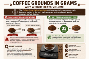 Coffee Brew Ratio Calculator infographic explaining why measuring coffee grounds by grams is more accurate than using tablespoons, with grind size comparison, digital scale, and brewing consistency tips.