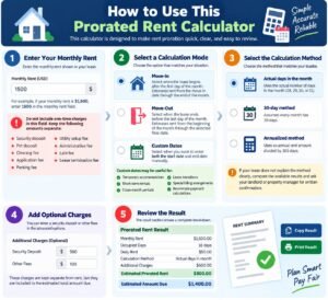 How to use a prorated rent calculator for move in and move out, partial month rent calculator, daily rent calculator, and rent proration calculator