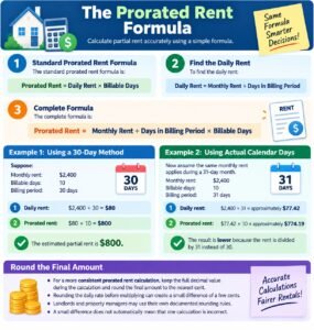Prorated rent formula showing prorated rent calculator, daily rent, 30-day method, and actual calendar days