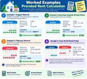 Prorated Rent Calculator worked examples showing prorated rent calculation for August move-in, 30-day method, February move-in, and cross-month rental periods